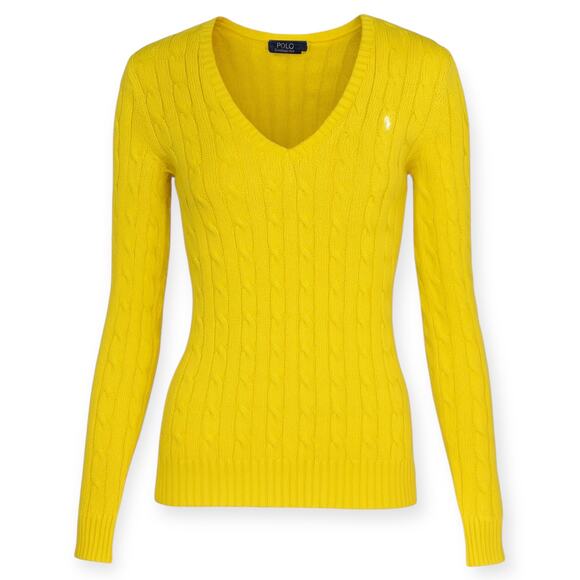 Polo Ralph Lauren Cable Knit V-Neck Sweater Yellow Knit Pullover Preppy Sz Large - Picture 1 of 9